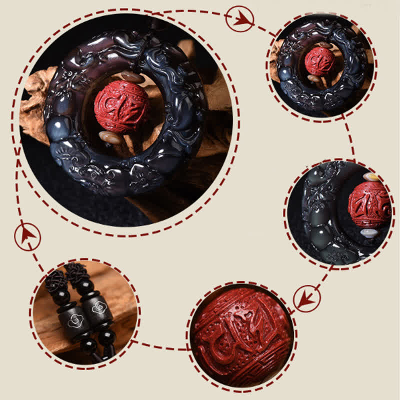 Rainbow Obsidian PiXiu Pendant – Collage showing rainbow obsidian pendant details and cord