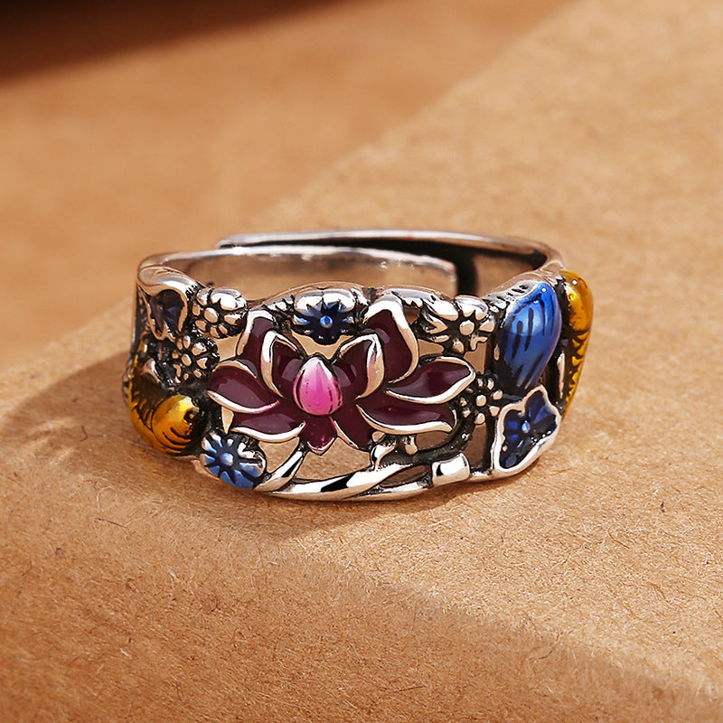 Koi Fish Lotus Ring – close-up lotus petal engraving, koi fish detail, luck wealth jewelry