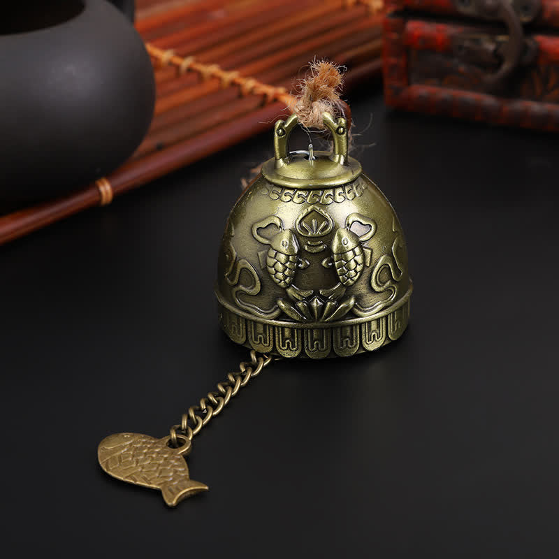 Feng Shui Wind Chime Bell - Twin koi fish relief on antique bronze bell with jute cord, abundance decor