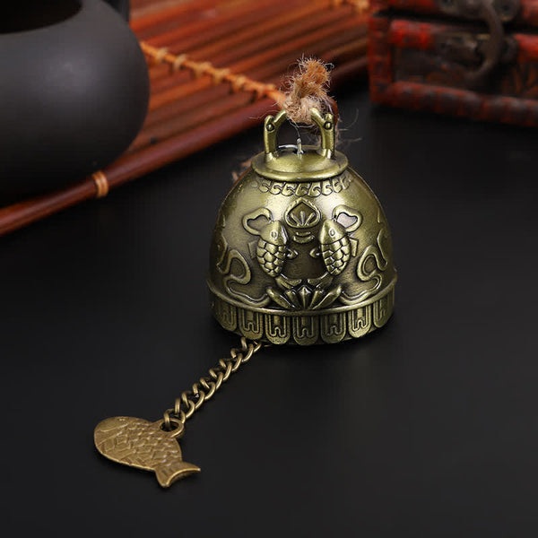 Feng Shui Wind Chime Bell - Twin koi fish relief on antique bronze bell with jute cord, abundance decor