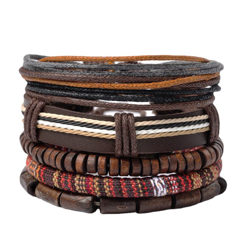 Red Sandalwood Hemp Leather Wrap Bracelet – five stacked boho bracelets with leather wood beads and woven textile, white background