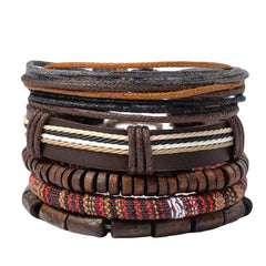 Red Sandalwood Hemp Leather Wrap Bracelet – five stacked boho bracelets with leather wood beads and woven textile, white background
