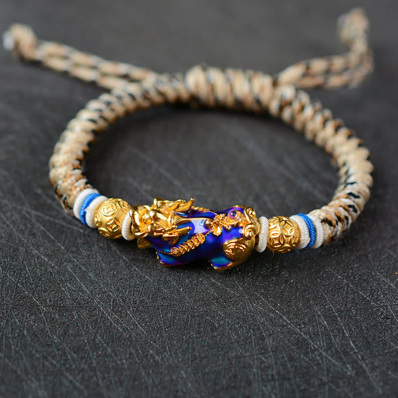 Feng Shui PiXiu Bracelet – color changing Pixiu beige braided rope dark stone, wealth luck bracelet