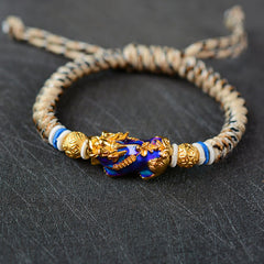Feng Shui PiXiu Bracelet – color changing Pixiu beige braided rope dark stone, wealth luck bracelet