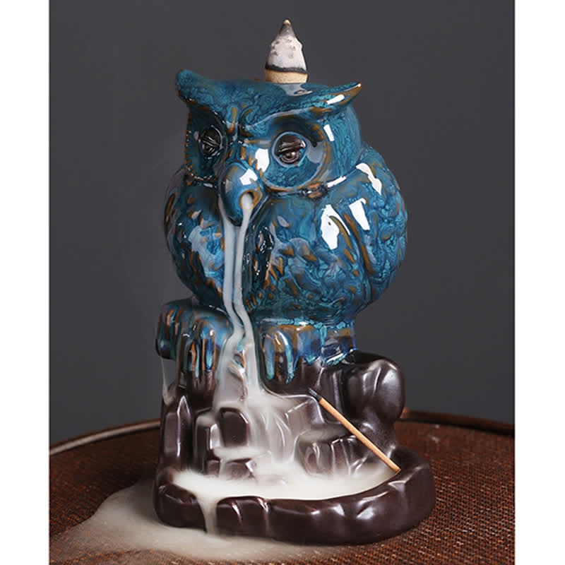 Owl Backflow Incense Burner - dual cone and stick with smoke waterfall, relaxing
