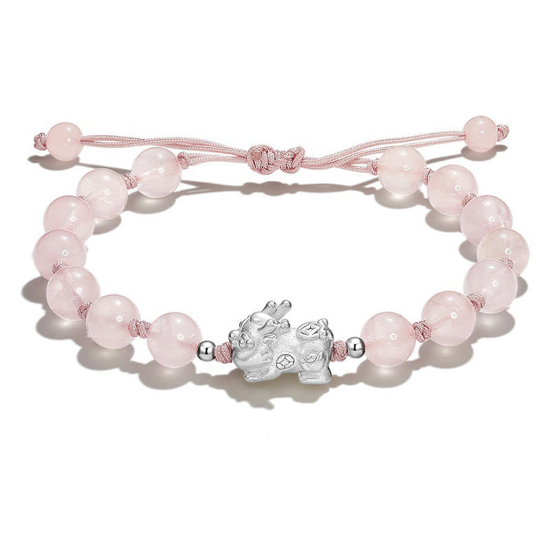 Pink Crystal PiXiu Bracelet – Pink crystal beads with silver PiXiu charm on white
