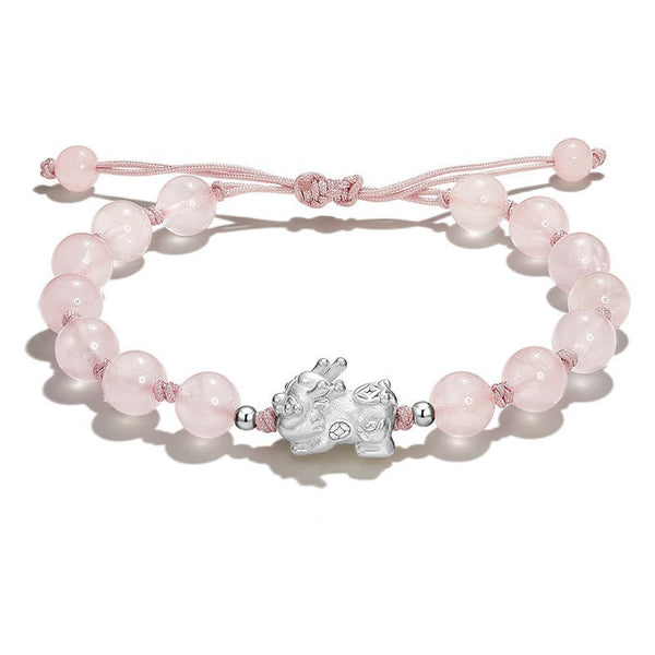 Pink Crystal PiXiu Bracelet – Pink crystal beads with silver PiXiu charm on white