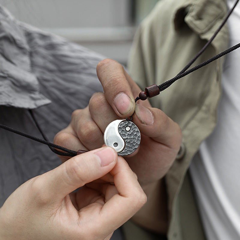 Sterling Silver Yin Yang Pendant - Round yin-yang pendant on black cord with wood beads, balance harmony necklace