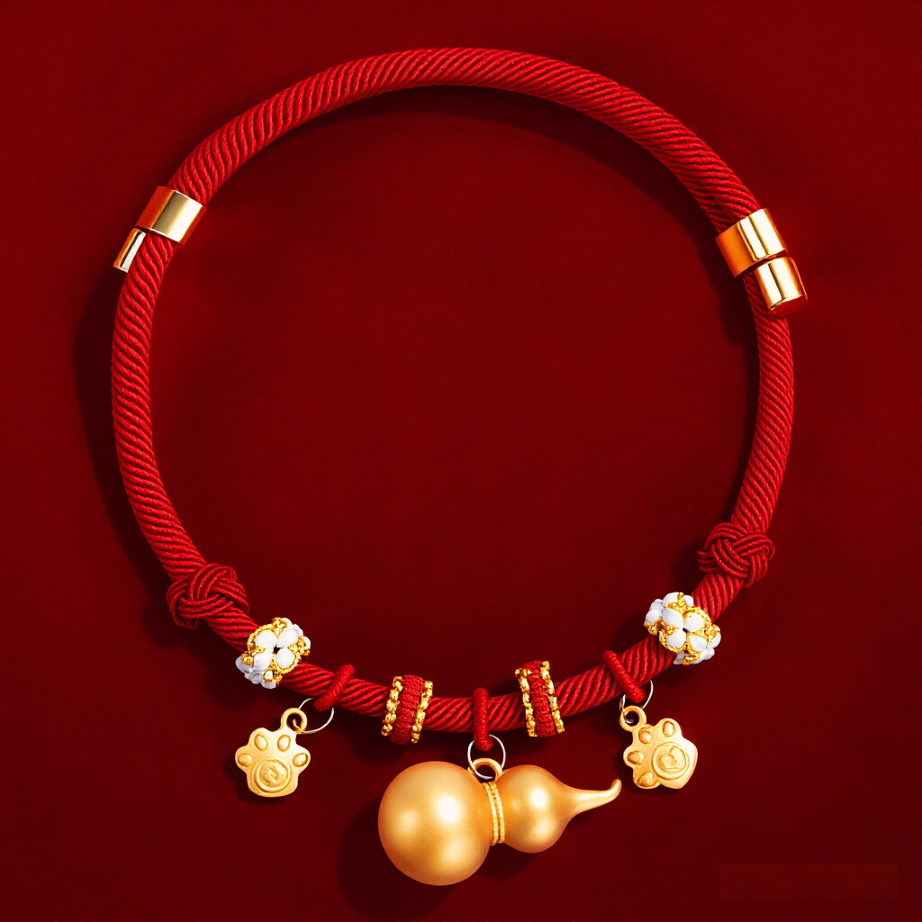 CNY Red Rope Pet Collar - Red cord with gold gourd and paw print charms, feng shui lucky cat dog collar