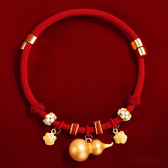 CNY Red Rope Pet Collar - Red cord with gold gourd and paw print charms, feng shui lucky cat dog collar