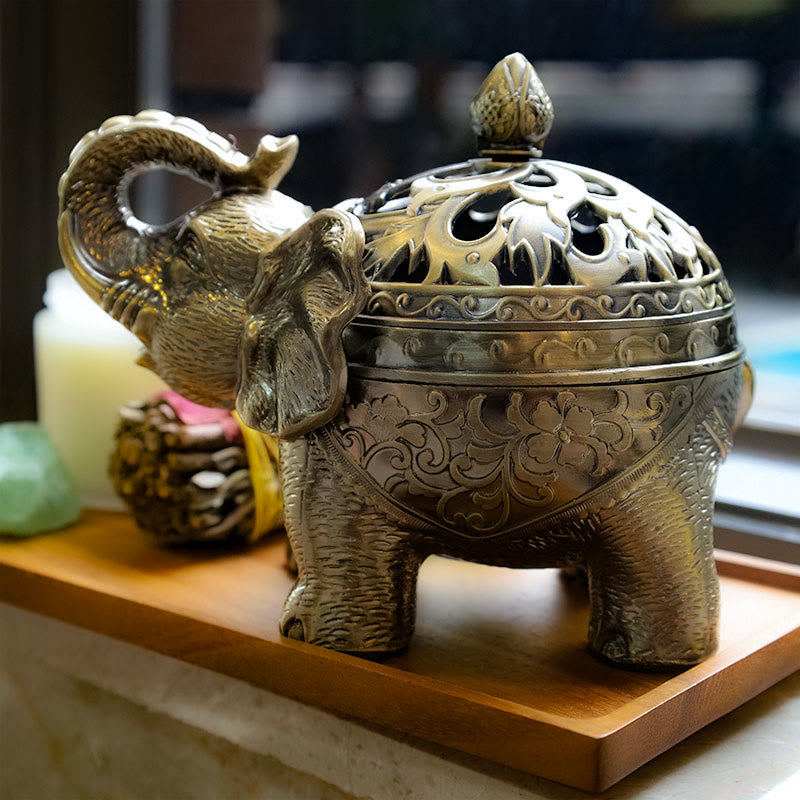 Elephant Alloy Incense Burner – bronze finish on honey oak, Prosperous