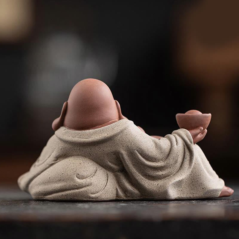 Laughing Buddha Clay Statue – rear view showing detailed robe folds and texture, ceramic craft