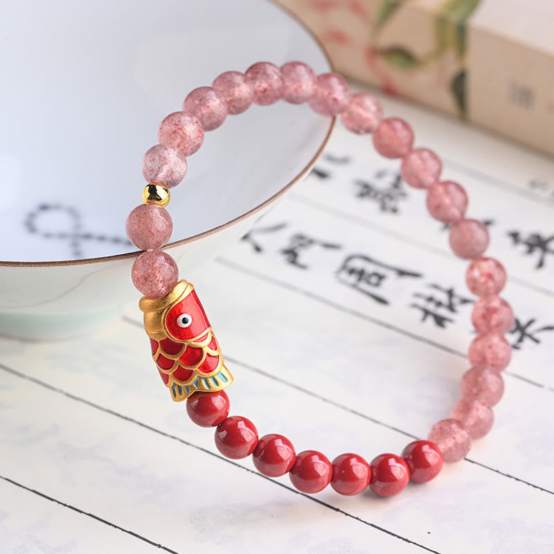 Strawberry Quartz Koi Bracelet – detail of translucent strawberry quartz bead with natural pink inclusions