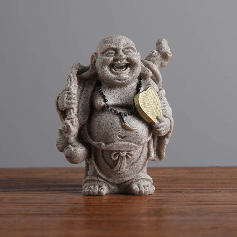 Laughing Buddha Resin Statue - Budai with gold fan and prayer beads, textured stone finish, Fortunate