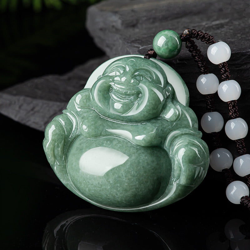 Laughing Buddha Cyan Jade Harmony Necklace – Translucent blue green jade amulet reflecting light, happiness talisman