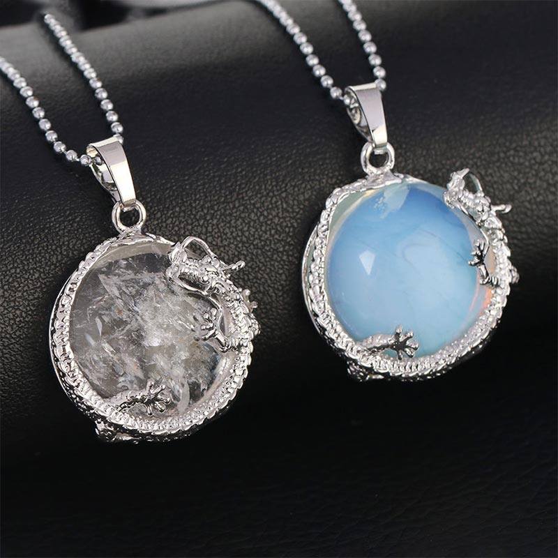 Dragon Multi-Stone Crystal Healing Pendant – Clear quartz and opalite dragon duo on leather, mystical