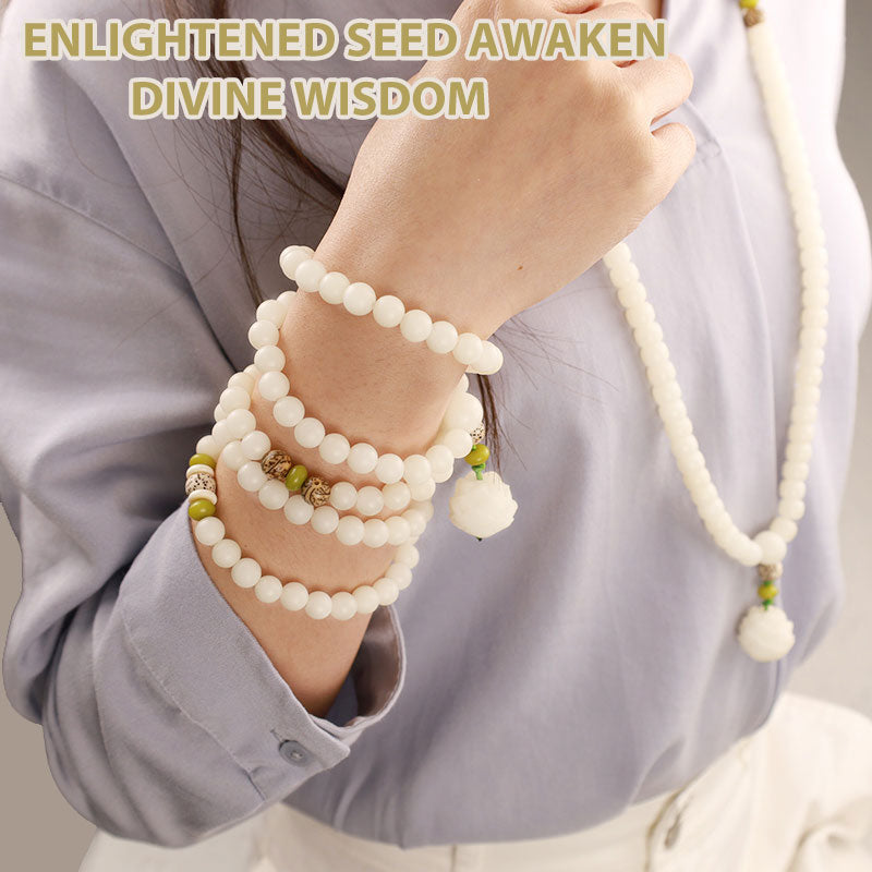 Bodhi Seed Lotus Mala - worn as necklace and wrapped bracelet on model, dual wear style, divine wisdom