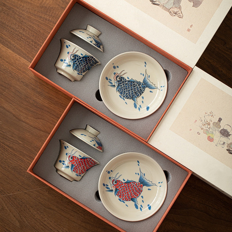 Koi Fish Sancai Gaiwan – with tasting cups and fairness pitcher, tea set