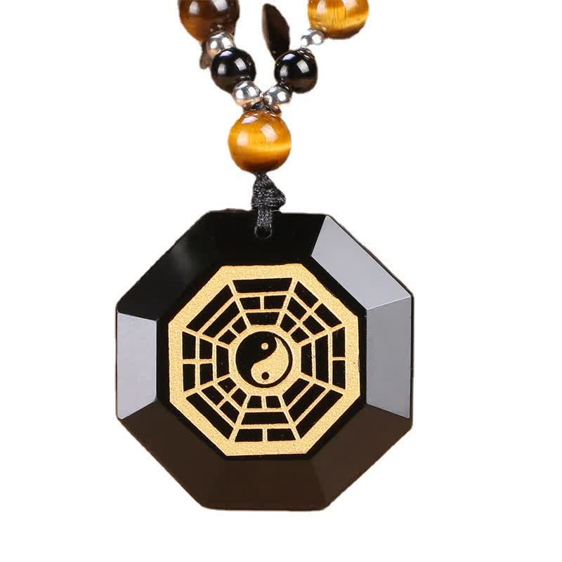 Black Obsidian Tiger Eye Bagua Yin Yang Pendant - Octagonal obsidian pendant with gold bagua yin yang, feng shui protection a