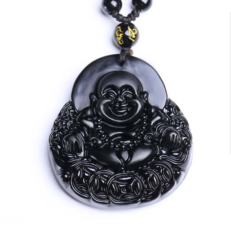 Black Obsidian Laughing Buddha Pendant Necklace – obsidian Laughing Buddha front view, white studio – front, studio