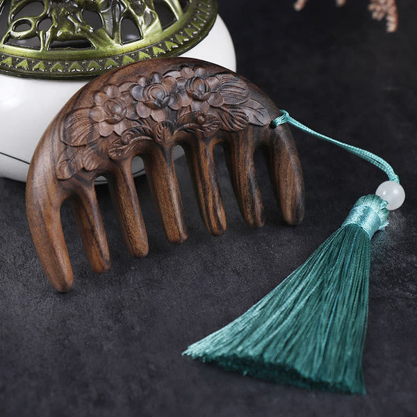 Green Sandalwood Koi & Lotus Tassel Comb – Chacate Preto Wood Lotus Leaf Pod, image 7