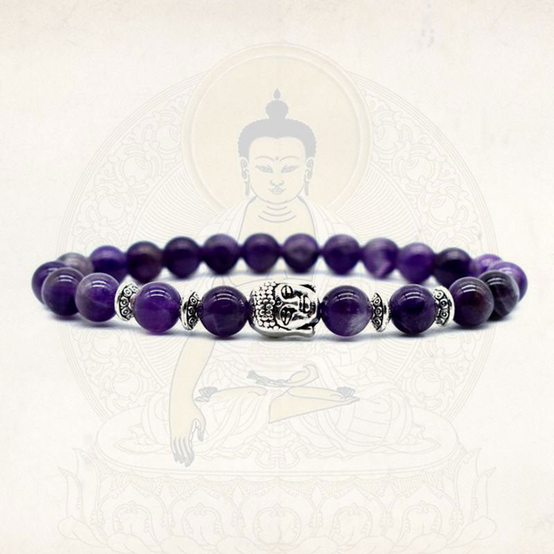 Amethyst Buddha Bracelet – Front view with Buddha silhouette background, spiritual peace jewelry