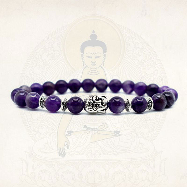 Amethyst Buddha Bracelet – Front view with Buddha silhouette background, spiritual peace jewelry