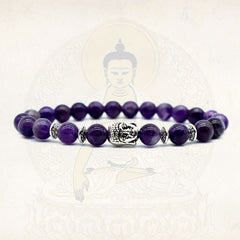 Amethyst Buddha Bracelet – Front view with Buddha silhouette background, spiritual peace jewelry