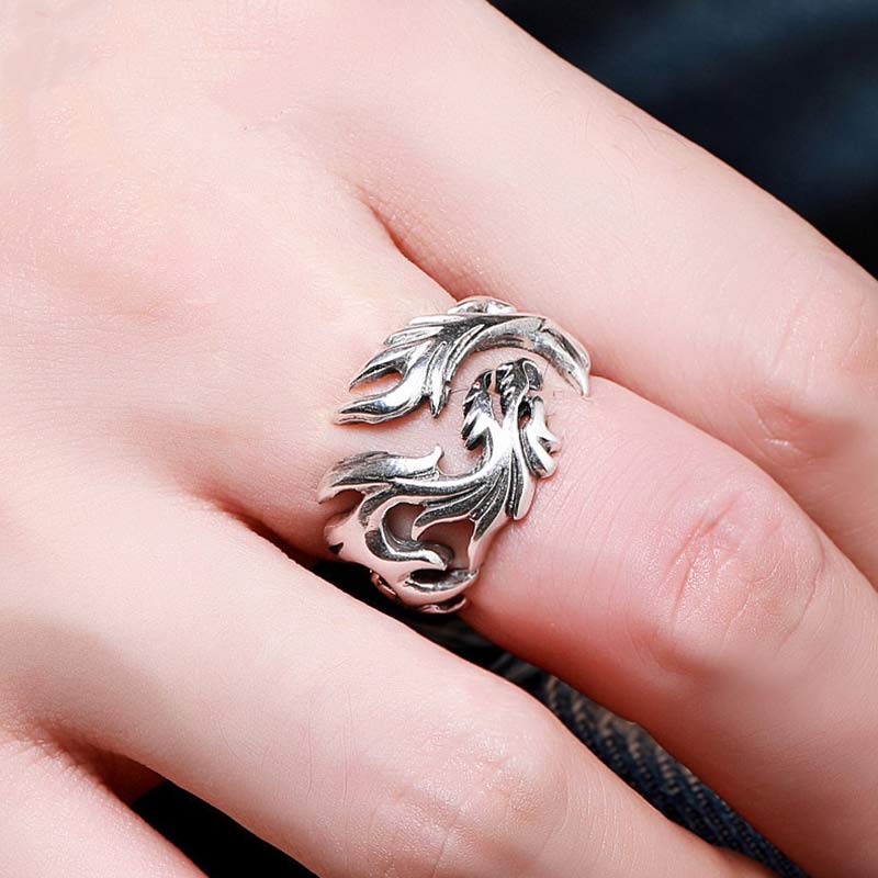 Dragon Pattern Protection Ring – vine design ring on dark denim, Artisan