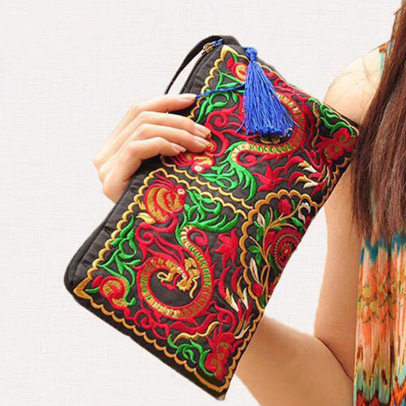 Dragon Butterfly Embroidery Wallet - Angled clutch with coiled dragon and blue tassel, Cultural