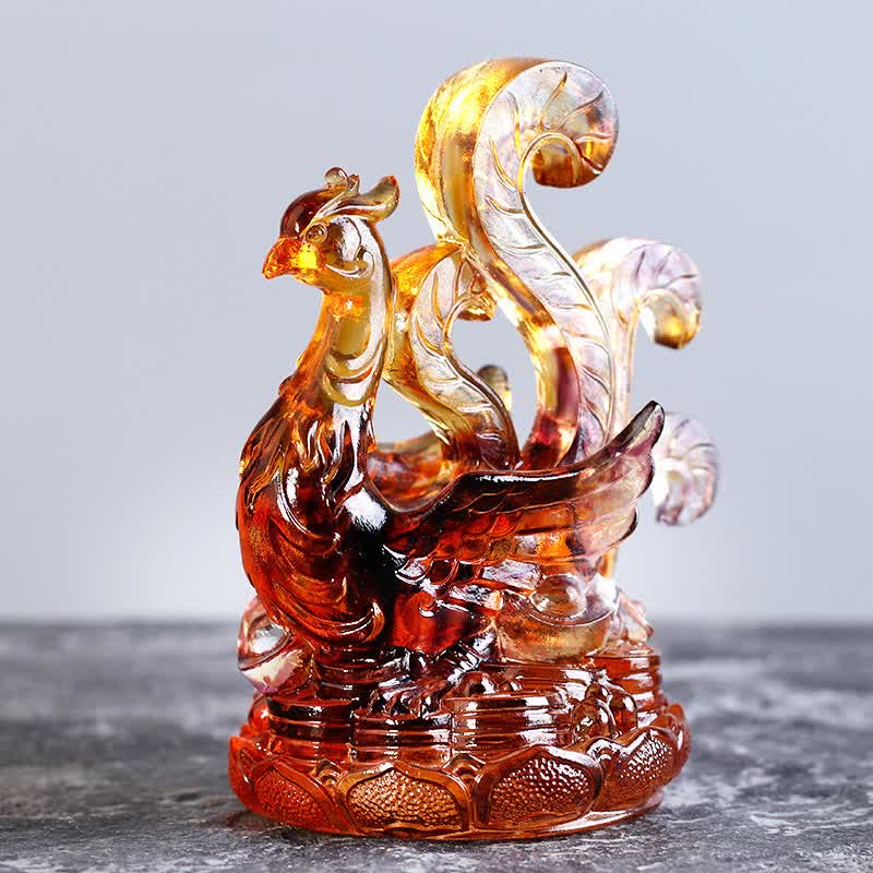 Vermilion Bird Liuli Crystal - amber phoenix on lotus pedestal, orange gradient, radiant