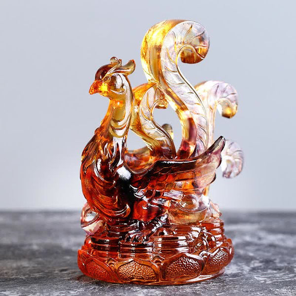 Vermilion Bird Liuli Crystal - amber phoenix on lotus pedestal, orange gradient, radiant