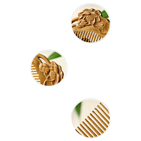 Green Sandalwood Lotus Leaf Engraved Soothing Comb, image 11