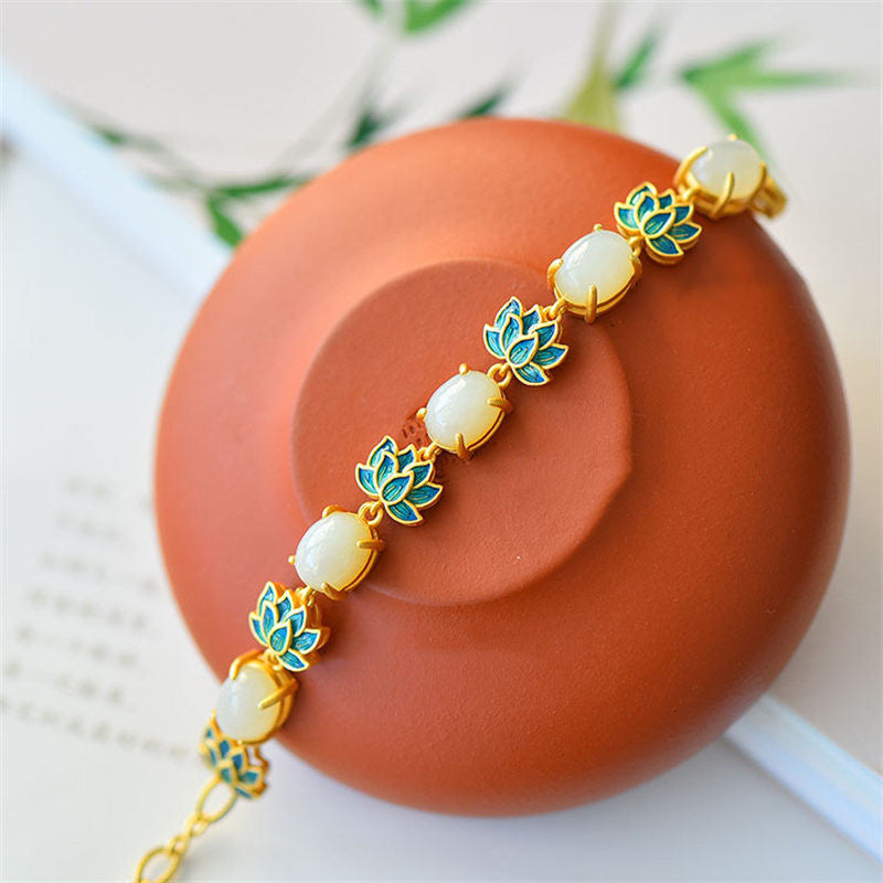 White Cyan Jade Lotus Bracelet - On terracotta teapot, white jade with teal lotus links, cultural zen gift