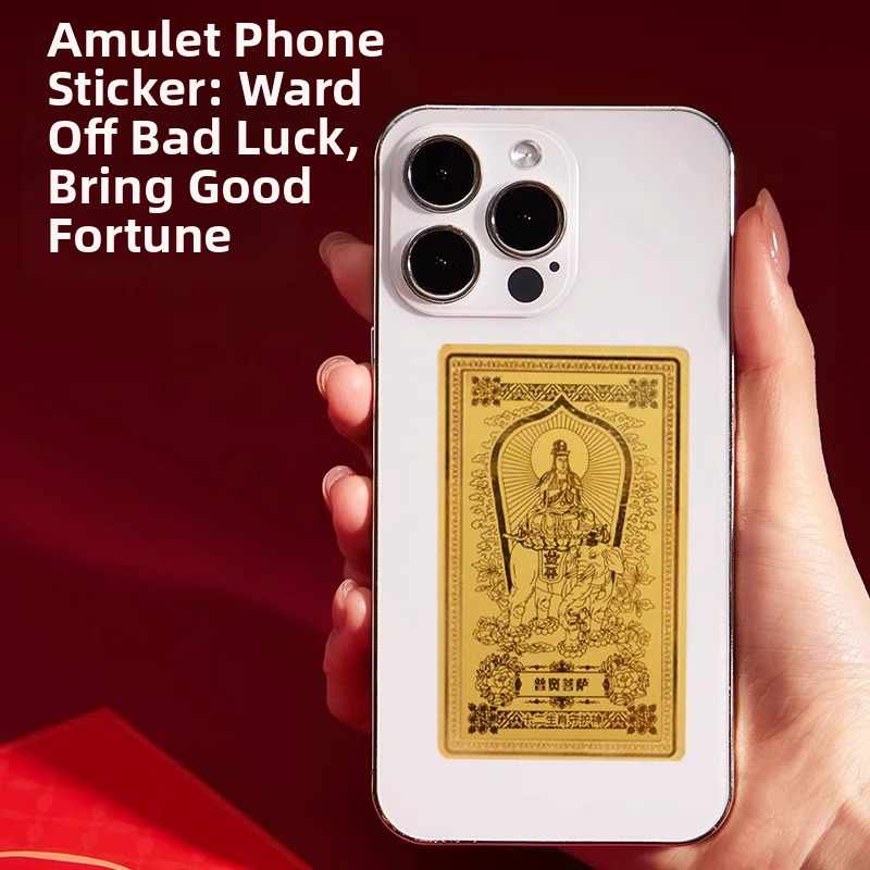 Guardian Gods Gold Foil Phone Sticker – Samantabhadra Bodhisattva gold foil sticker applied on white iPhone back, Chinese zodiac guardian design, red background, hand-held product demo