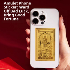 Guardian Gods Gold Foil Phone Sticker – Samantabhadra Bodhisattva gold foil sticker applied on white iPhone back, Chinese zodiac guardian design, red background, hand-held product demo
