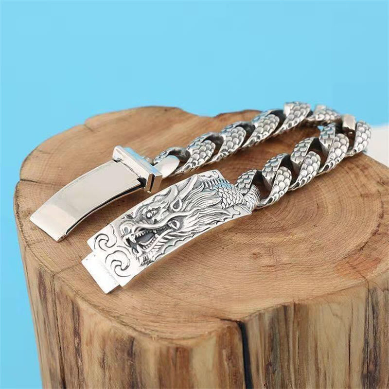 Retro Dragon Scale Bracelet - full view white backdrop, oxidized silver, crafted