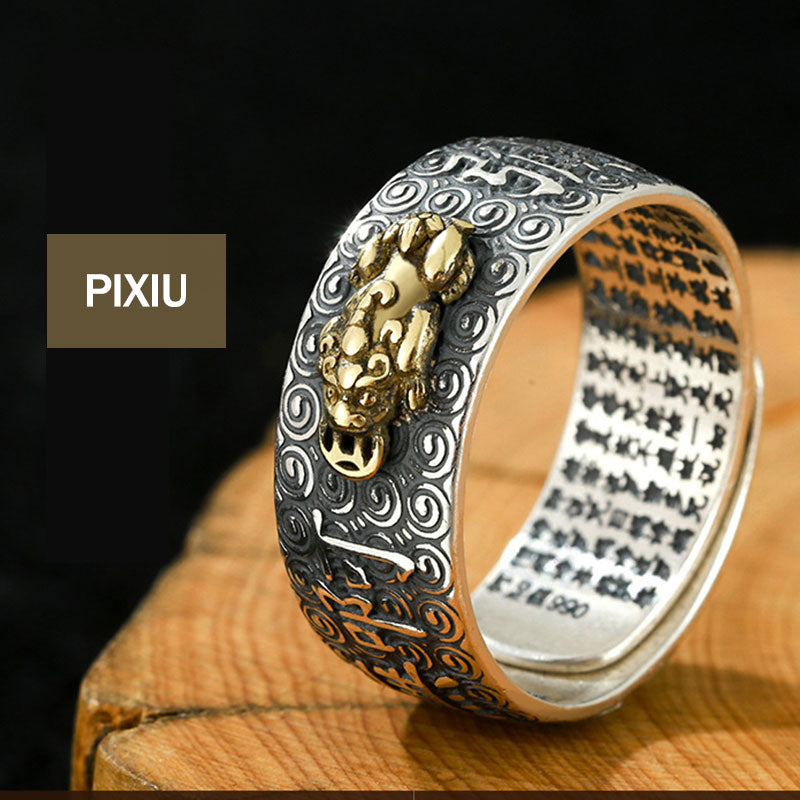 Natal Buddha Ring - Pixiu design ring with cloud pattern on wood, Wealth