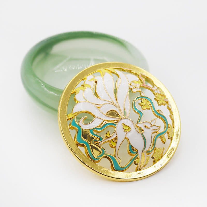 Nine-Tailed Fox Gold Bookmark - Circular filigree with fox and cherry blossom on jade green base, liuli art