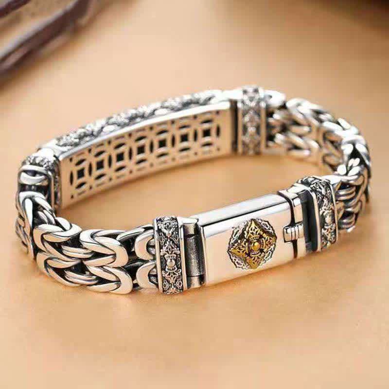 Vajra Dorje Copper Balance Bracelet - twisted braided copper chain bracelet with gold octagonal compass star medallion, wheat chain links, open lattice inner band, vintage-inspired two-tone silver and gold design