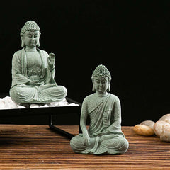 Green Sandstone Buddha Statue – Two seated Buddhas with white pebble zen decor, angled