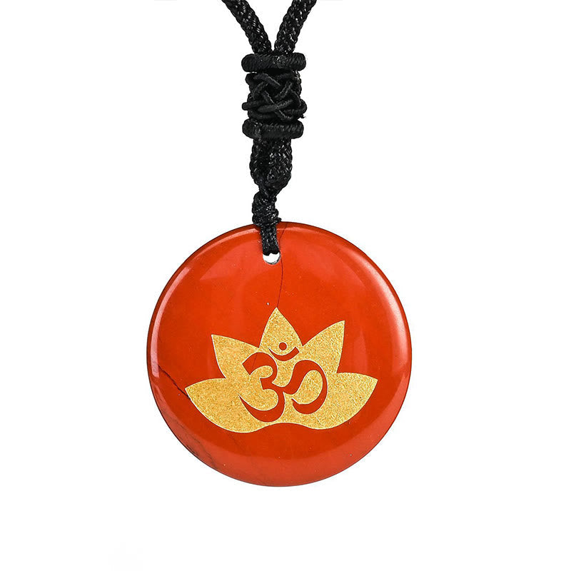 OM Lotus Amethyst Tiger Eye Pendant - warm carnelian disc with gold lotus Om design, meditation necklace