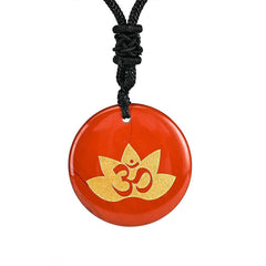 OM Lotus Amethyst Tiger Eye Pendant - warm carnelian disc with gold lotus Om design, meditation necklace