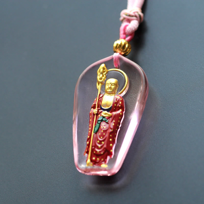 Ksitigarbha Buddha Liuli Crystal Necklace – Delicate beaded strand holding luminous crystal amulet, prayer jewelry