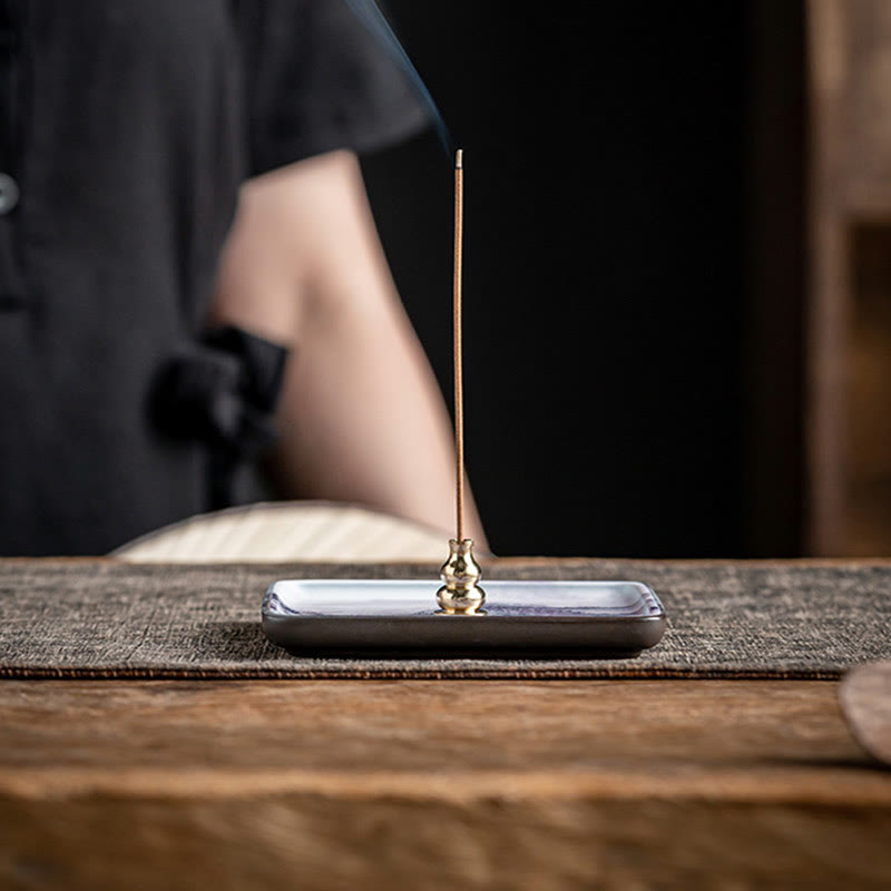 Black Ceramic Incense Burner – Glossy dark rectangular plate with brass gourd holder, minimalist zen style
