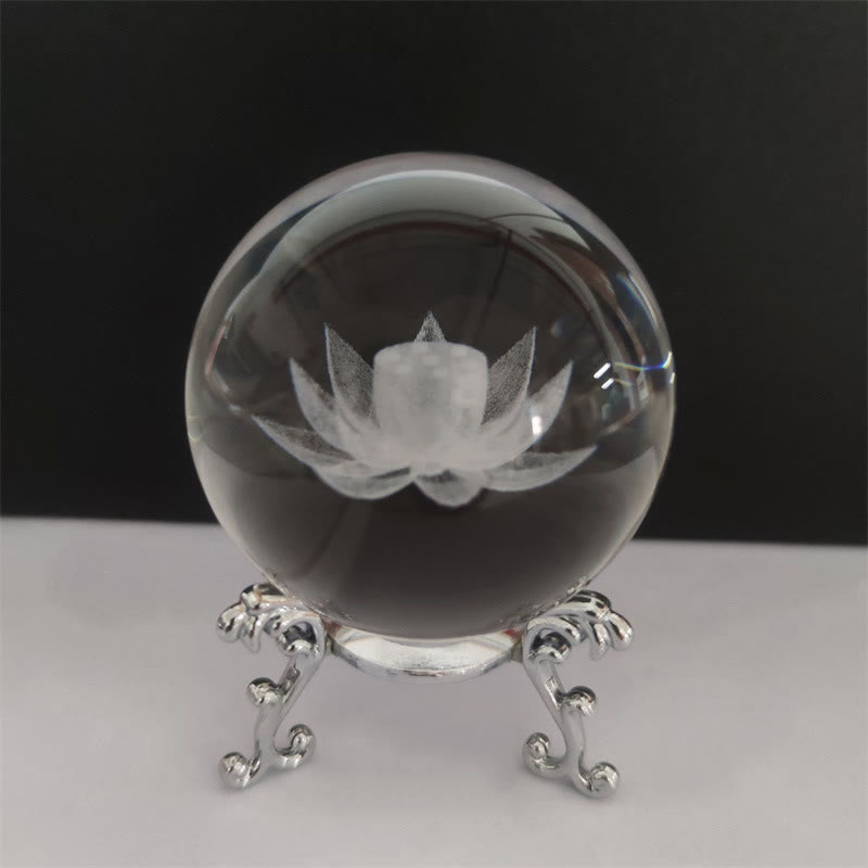 Crystal Dragon Lotus Blessing - Crystal sphere with internal lotus engraving on four-legged silver stand, Clarity
