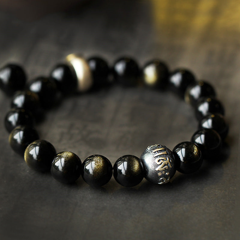 Zodiac Natal Buddha Obsidian Silver Bracelet - Polished obsidian beads with engraved silver focal bead, golden chatoyancy