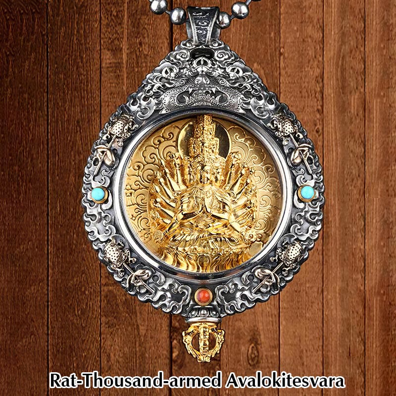 Zodiac Buddha Thangka Wealth Rotatable Pendant – Rat Thousand-armed Avalokitesvara on wood panel front view, guardian