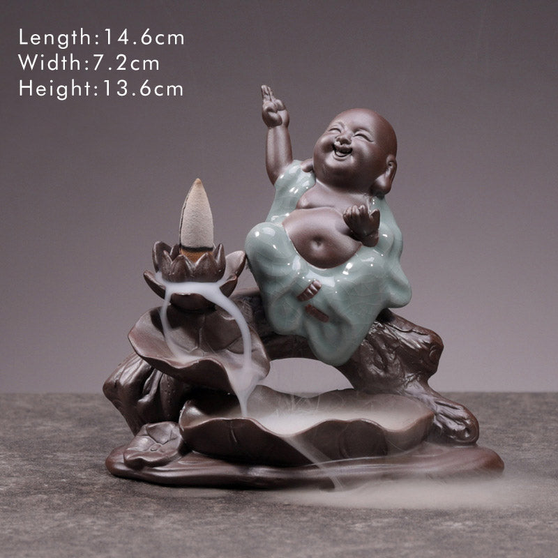 Little Monk Ceramic Incense Burner - Monk with one arm raised, backflow smoke over lotus, dimensions shown