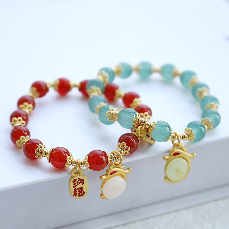 Red Agate Aventurine Dragon Bracelet – Red and green dual bracelet set with blessing charms, Festive
